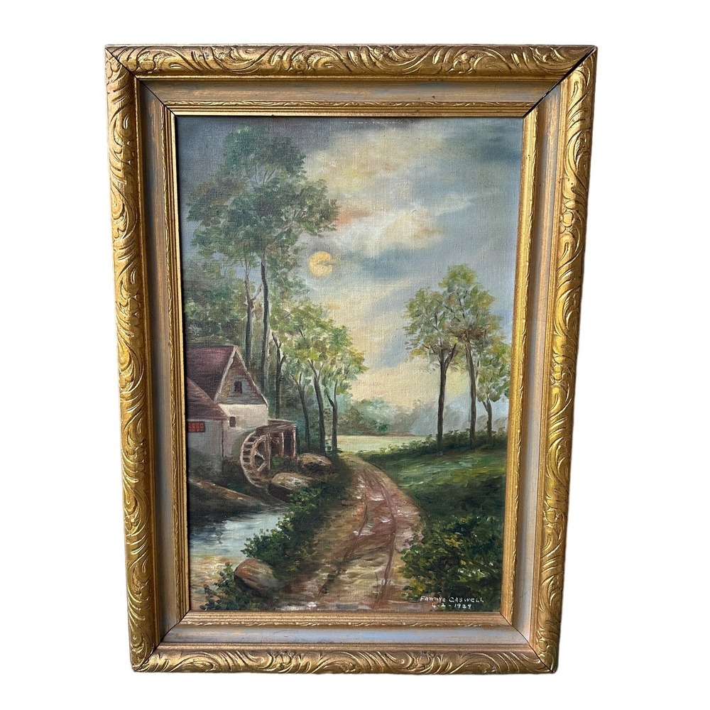 Vintage Fannye Caswell 1929 Original Oil Painting 21x15 Inch Old Mill Landscape